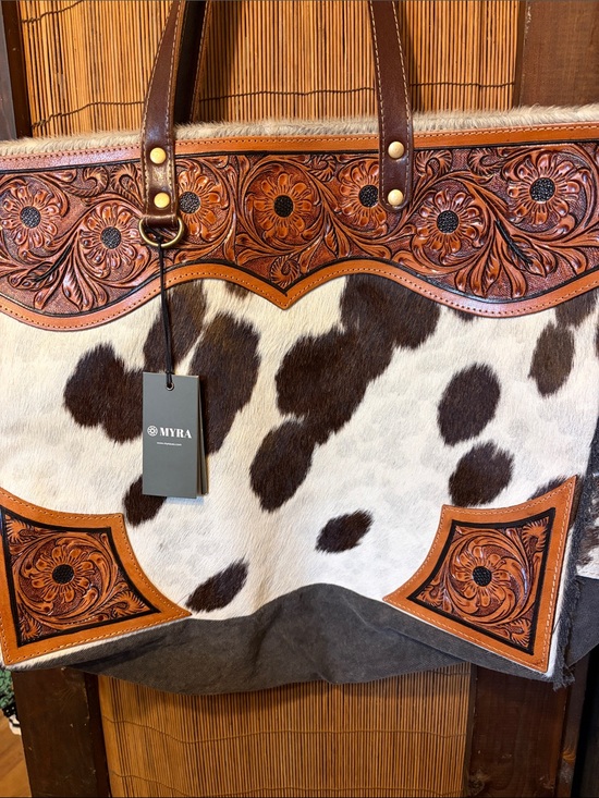 Myra Bag Handbags - Myra Bag Brown White Cowhide Leather Tooled Travel Tote
